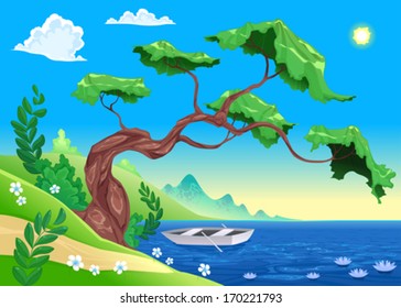 Romantic landscape with tree and water. Vector illustration