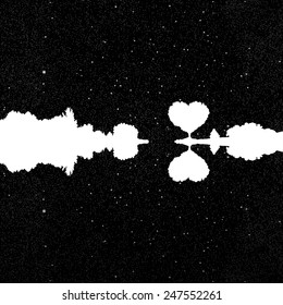 Romantic landscape. Vector illustration with silhouette of tree in shape of heart under starry sky. Can be used as postcard, illustration