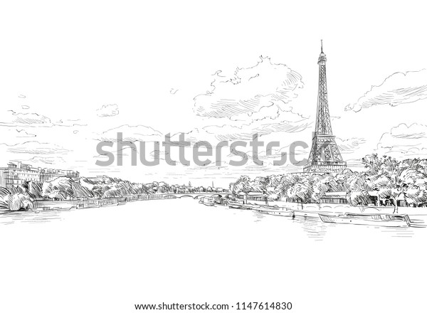 エッフェル塔とセナ川のロマンチックな景観 フランス パリ 都市のスケッチ 手描きのベクトルイラスト のベクター画像素材 ロイヤリティフリー