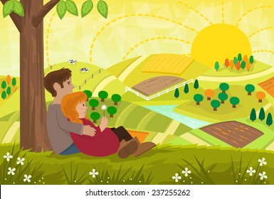 Romantic Landscape - Young couple are sitting under a tree and looking at a beautiful landscape. Eps