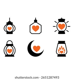 Ícones românticos lanterna preto e laranja coração símbolos lua crescente plano Design amor e tema luz