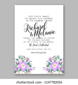 Romantic lavender peony greenery bouquet bride wedding invitation template design. Vector floral template background for party celebration bridal baby shower anniversary congratulation greeting card