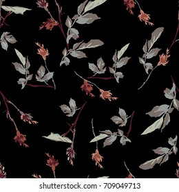 Romantic Leafy Rosebud Seamless Repeat Tile - Background Pattern - Wallpaper Design - Black Background