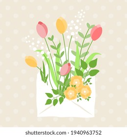 Romantic letter with a composition of flowers, leaves on a brownish background with polka dots. Vector illustration of a floristic bouquet.
