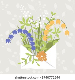 Romantic letter with a composition of tulips, flowers, leaves on a brownish background with polka dots. Vector illustration of a floristic bouquet.