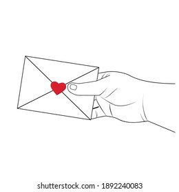 Romantic letter in an envelope in a man's hand, black line, outline, outline, vector illustration on a white background, clipart, dkdl, design, decoration, icon