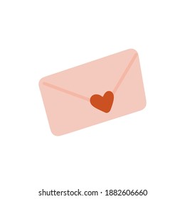 Sobre de carta romántica enviado por correo en color rosa, para mensajes de amor, fraternidad o amistad pegatinas con corazones. Estilo de doodle de dibujo a mano libre. Feliz Día de San Valentín elementos decorativos.