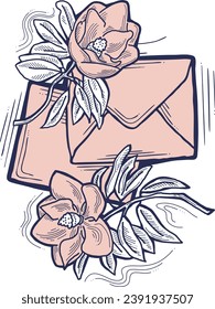 Romantic letter, flowers and mail envelop. Decorative vector elements for discount poster, sale banner, birthday cart, wedding party invitation. Hand drawn illustration, retro style drawing.
