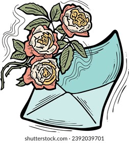 Romantischer Brief, Blumen und Post umwickeln. Dekorative Vektorelemente für Discount-Poster, Verkaufsbanner, Geburtstagskarte, Hochzeitsfeiereinladung. Handgezeichnete Illustration, Zeichnung im Retro-Stil.