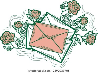 Romantic letter, flowers and mail envelop. Decorative vector elements for discount poster, sale banner, birthday cart, wedding party invitation. Hand drawn illustration, retro style drawing.