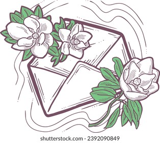 Romantic letter, flowers and mail envelop. Decorative elements for discount poster, sale banner, birthday cart, wedding party invitation. Hand drawn illustration, retro style drawing.
