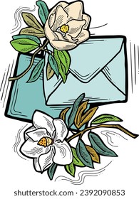 Romantic letter, flowers and mail envelop. Decorative vector elements for discount poster, sale banner, birthday cart, wedding party invitation. Hand drawn illustration, retro style drawing.