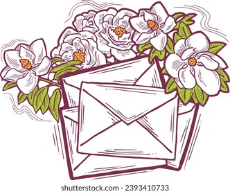 Romantic letter, flowers and mail envelop. Decorative vector elements for discount poster, sale banner, birthday cart, wedding party invitation. Hand drawn illustration, retro style drawing.