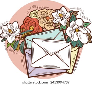 Romantic letter, flowers and mail envelop. Decorative vector elements for discount poster, sale banner, birthday cart, wedding party invitation. Hand drawn illustration, retro style drawing.