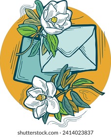 Romantic letter, flowers and mail envelop. Decorative vector elements for discount poster, sale banner, birthday cart, wedding party invitation. Hand drawn illustration, retro style drawing.