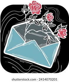 Romantic letter, flowers and mail envelop. Decorative vector elements for discount poster, sale banner, birthday cart, wedding party invitation. Hand drawn illustration, retro style drawing.