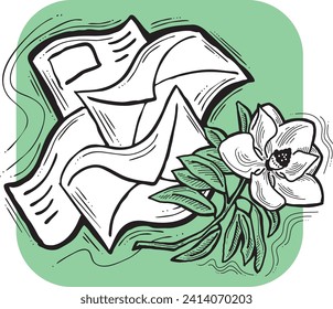 Romantic letter, flowers and mail envelop. Decorative vector elements for discount poster, sale banner, birthday cart, wedding party invitation. Hand drawn illustration, retro style drawing.