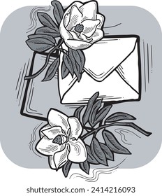 Romantic letter, flowers and mail envelop. Decorative vector elements for discount poster, sale banner, birthday cart, wedding party invitation. Hand drawn illustration, retro style drawing.