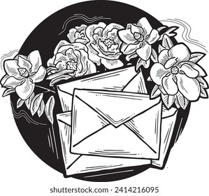 Romantic letter, flowers and mail envelop. Decorative vector elements for discount poster, sale banner, birthday cart, wedding party invitation. Hand drawn illustration, retro style drawing.