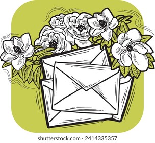 Romantischer Brief, Blumen und Post umwickeln. Dekorative Vektorelemente für Discount-Poster, Verkaufsbanner, Geburtstagskarte, Hochzeitsfeiereinladung. Handgezeichnete Illustration, Zeichnung im Retro-Stil.