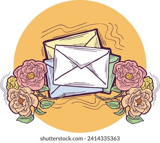 Romantic letter, flowers and mail envelop. Decorative vector elements for discount poster, sale banner, birthday cart, wedding party invitation. Hand drawn illustration, retro style drawing.