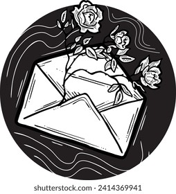 Romantic letter, flowers and mail envelop. Decorative vector elements for discount poster, sale banner, birthday cart, wedding party invitation. Hand drawn illustration, retro style drawing.