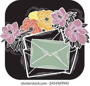 Romantic letter, flowers and mail envelop. Decorative vector elements for discount poster, sale banner, birthday cart, wedding party invitation. Hand drawn illustration, retro style drawing.