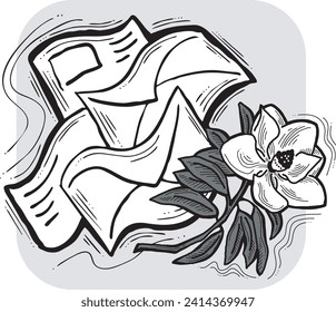 Romantic letter, flowers and mail envelop. Decorative vector elements for discount poster, sale banner, birthday cart, wedding party invitation. Hand drawn illustration, retro style drawing.