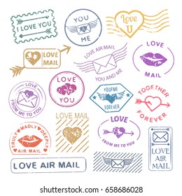 Romantic letter mail stamp set. Valentine decoration; vintage scrapbooking ideas; envelopes and card sticks. Vector flat style illustration on white background