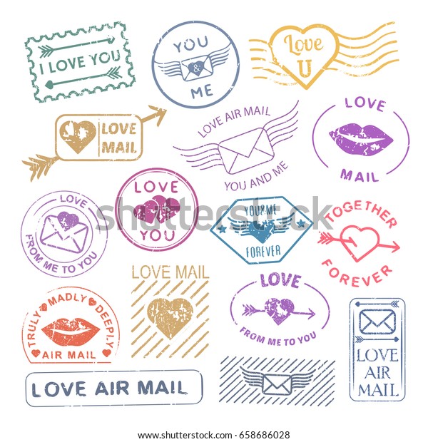 ロマンチックな手紙のメールスタンプ セット バレンタインの飾り ビンテージスクラップブッキングのアイデア 封筒とカードスティック 白い背景にベクターフラットスタイルイラスト のベクター画像素材 ロイヤリティフリー