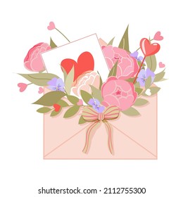 Romantic letter with message of spring, summer or love, cute envelope. Isolated on white background. Vector floral illustration with flowers, branches, leaves, bow and heart. Happy valentines day