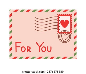 Romantic letter with text For you. Retro paper envelope with postage stamp with heart and seals. Valentines day mail. Wedding invitation. Vector flat illustration isolated on white background