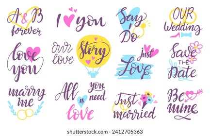 Elementos de letras románticas. Diseño de fotos de caligrafía de día de boda y San Valentín. Me encantan las frases lindas para tarjetas de felicitación, invitaciones, banners, conjunto de vectores neotercios