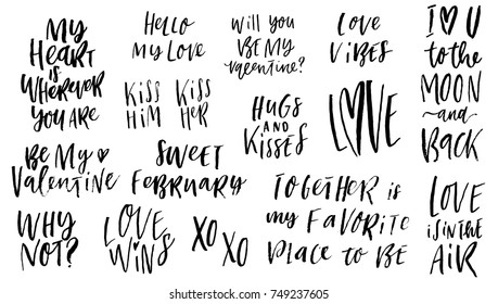 Romantic lettering hand drawn set. Calligraphy postcard or poster graphic design typography element. Hand written textured vector style happy valentines day quotes and phrases.