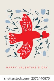 Romantic lettering, heart, bird composition. Love calligraphy for 14 February, Saint Valentine's day. Postcard vector illustration