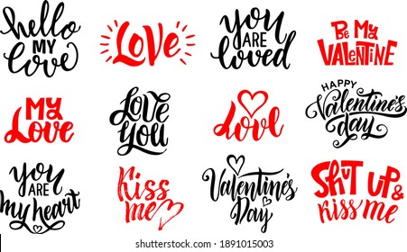 Romantic lettering set. Black and white hand written lettering about love to valentines day design poster, greeting card, photo album, banner, calligraphy vector. Romantic lettering set. 