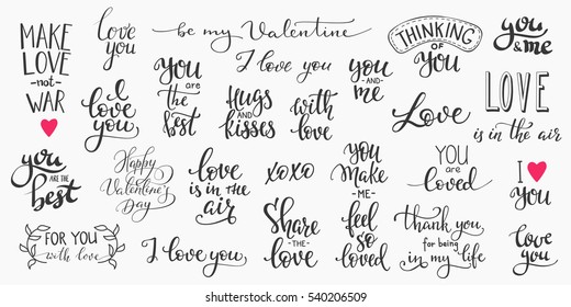 Romantic lettering set. Calligraphy postcard or poster graphic design typography element. Hand written vector style happy valentines day sign. Love in the air You make me happy Together forever