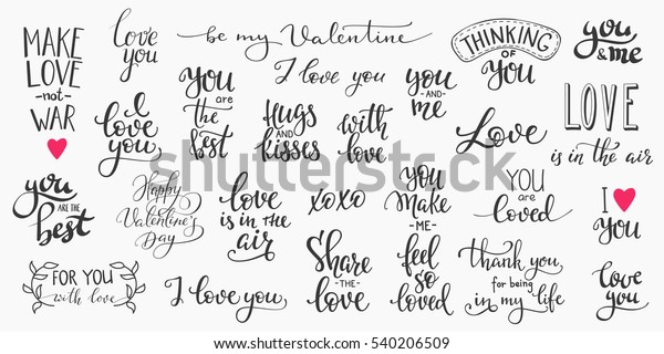 Romantic lettering set. Calligraphy graphic wall art. Love in the air You make me happy Together forever.