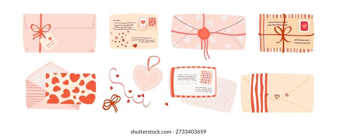 Romantic letters collection. Envelopes, love cards, post stamps, red ribbons and heart elements. Cute design sticker set. Hand drawn vector illustration.