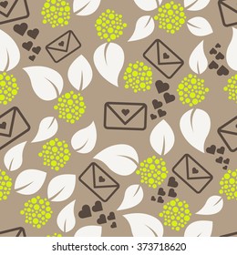 Romantic letters and flowers seamless pattern. Leaves, envelope and hearts love theme background. Green and mocha colors.