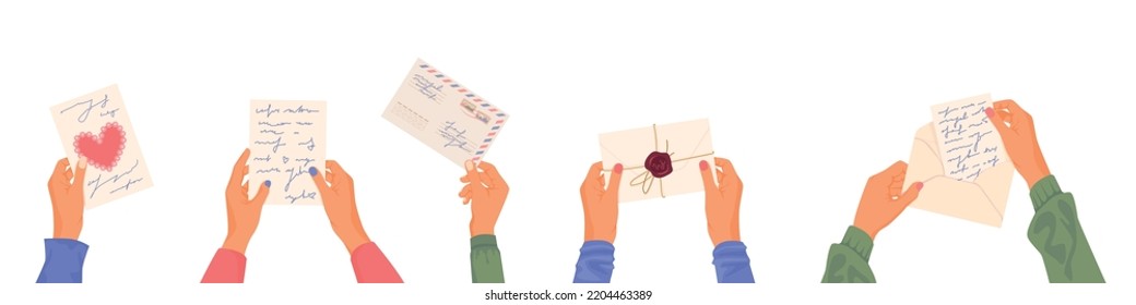 Romantic letters in hands flat icon set envelopes and letters in womens and mens hands vector illustration