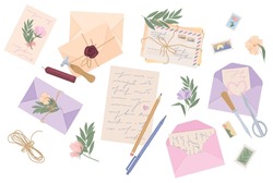 Romantic Letters Post Flat Composition With Scissors Sealing Wax Seal Flowers Envelops Set Vector Illustration