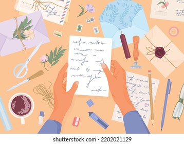 Romantic letters post flat composition man at a table reading a romantic letter and around him other letters envelopes seals sealing wax vector illustration