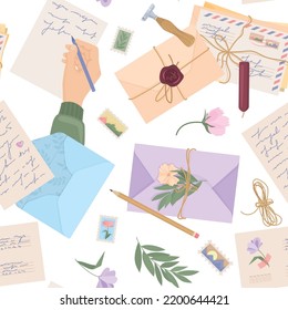 Romantic letters post flat pattern womans hand writes a love letter envelopes flowers and attributes beside vector illustration