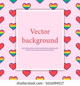 Romantic lgbtq colorful background with place for text. Rainbow hearts on pink background.