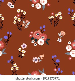 Romantic liberty print on brown background. Seamless vector pattern in repeat. Vintage print with small inflorescences. Retro textile design collection.