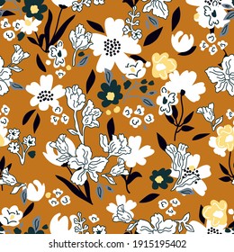 Romantic liberty print on golden background. Seamless vector pattern in repeat. Vintage print with small inflorescences. Retro textile design collection.