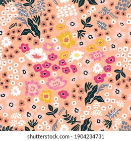 Romantic liberty print on pink background. Seamless vector pattern in repeat. Vintage print with small inflorescences. Retro textile design collection.