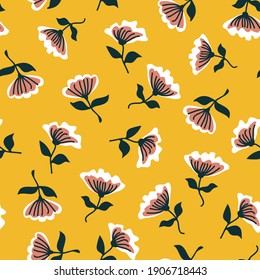 Romantic liberty print on yellow background. Seamless vector pattern in repeat. Vintage print with hand-drawn inflorescences. Retro textile design collection.