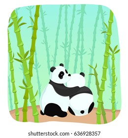 Romantic light template with embrace of two amorous pandas in bamboo forest vector illustration